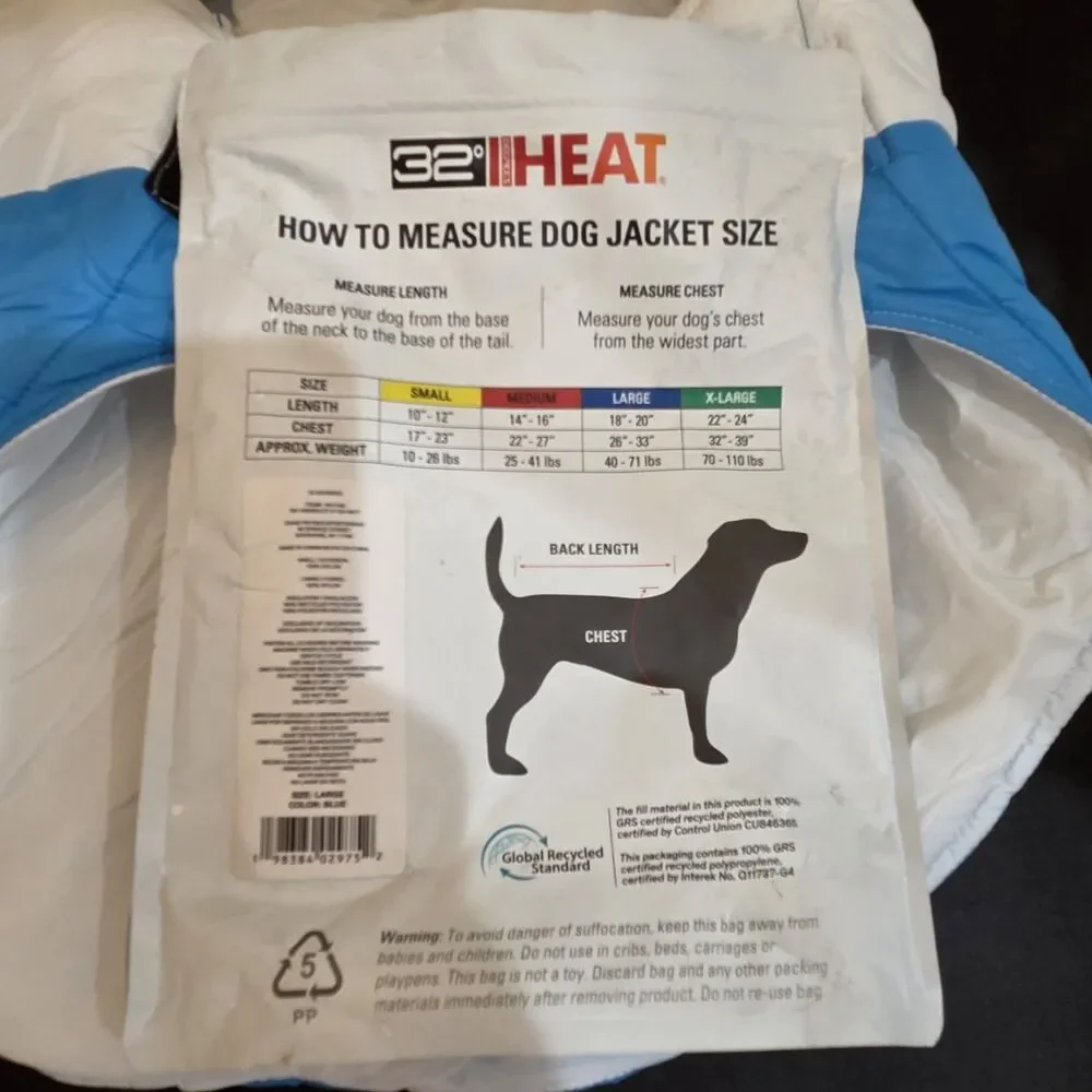 32 Degrees Dog Jacket, Medium, Reflective Trim w/ Leash Hole Blue